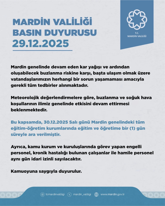 Mardin okullar tatil mi? 30 Aralık Salı Mardin'de okul yok mu (MARDİN VALİLİĞİ - KAR TATİLİ)?