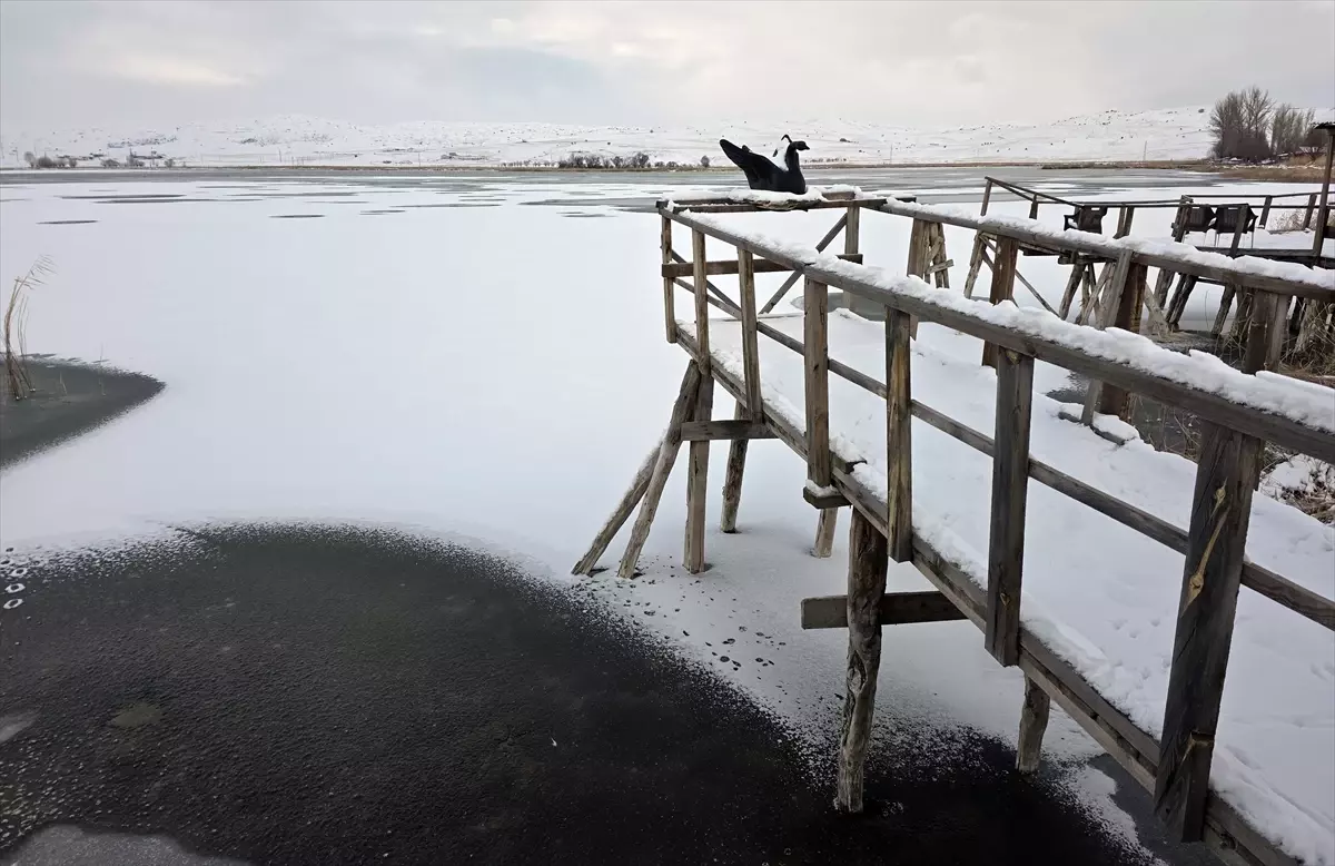 Sivas'ta Hafik Gölü kısmen buz tuttu