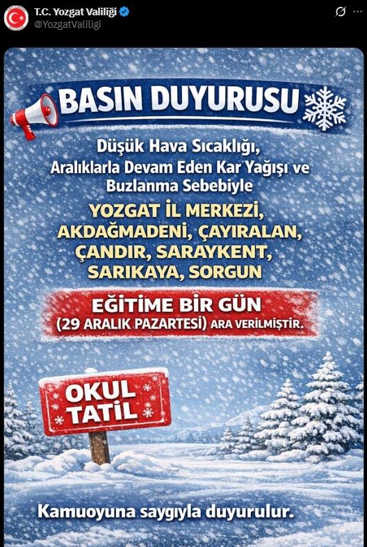 Yozgat okullar tatil mi? 30 Aralık Yozgat'ta yarın okullar tatil mi, Yozgat Valiliği tatil açıklaması yaptı mı?