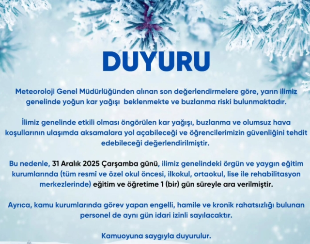 Adıyaman okullar tatil mi? 31 Aralık Çarşamba Adıyaman'da okul yok mu (KAR TATİLİ – Adıyaman VALİLİĞİ)?