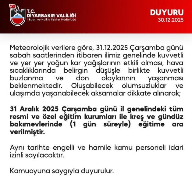 Diyarbakır okullar tatil mi? 31 Aralık Diyarbakır'da yarın okullar tatil mi, Diyarbakır Valiliği kar tatili açıklaması yaptı mı?