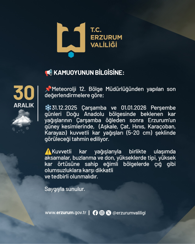 Erzurum okullar tatil mi? 31 Aralık Çarşamba Erzurum'da okul yok mu (KAR TATİLİ – ERZURUM VALİLİĞİ)?