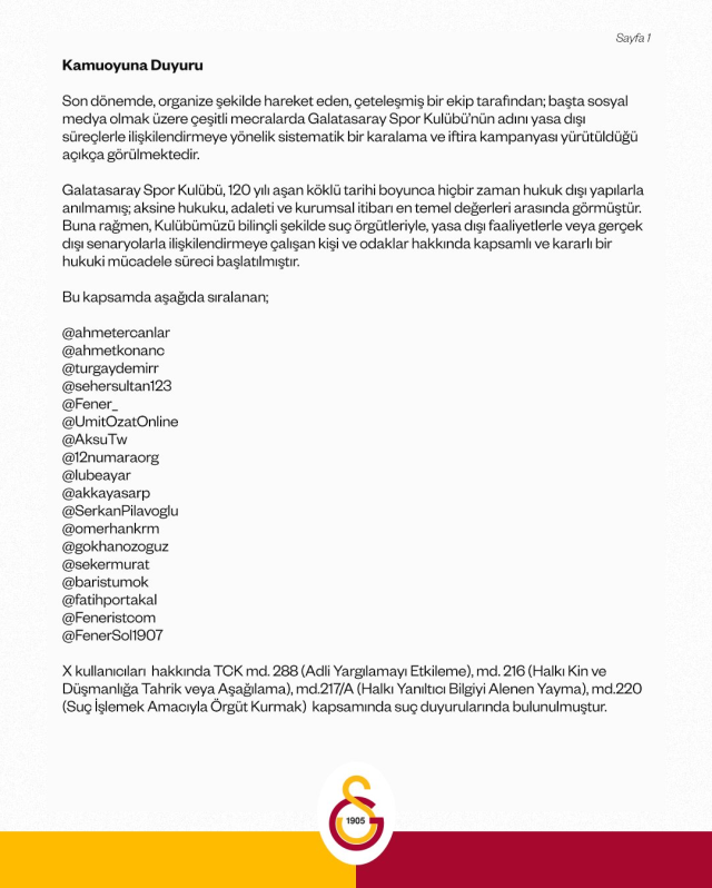 Galatasaray hangi hesaplara ve kime suç duyurusunda bulundu TAM LİSTE?