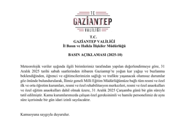 Gaziantep okullar tatil mi? 31 Aralık Çarşamba Gaziantep'te okul yok mu (KAR TATİLİ – GAZİANTEP VALİLİĞİ)?
