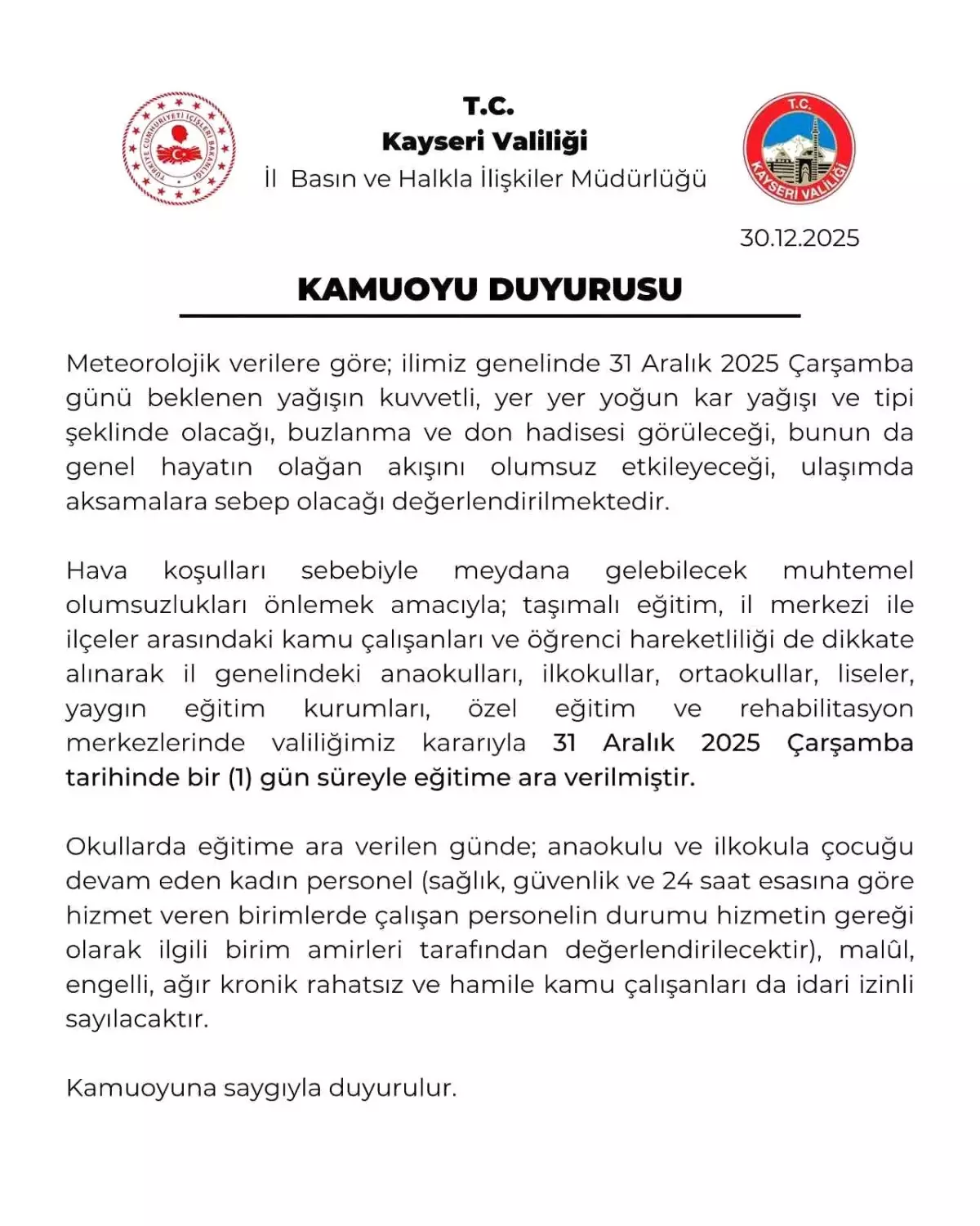 Kayseri'de eğitime 1 gün ara verildi