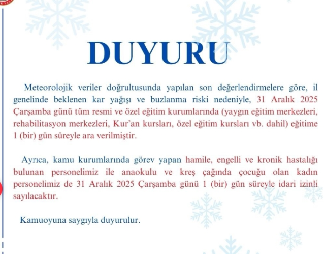 Kırşehir okullar tatil mi? 31 Aralık Çarşamba Kırşehir'de okul yok mu (KAR TATİLİ – KIRŞEHİR VALİLİĞİ)?