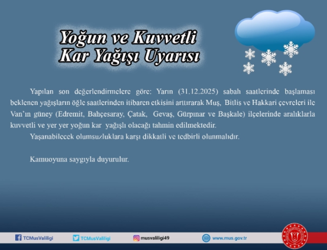 Muş okullar tatil mi? 31 Aralık Çarşamba Muş'ta okul yok mu (KAR TATİLİ – MUŞ VALİLİĞİ)?