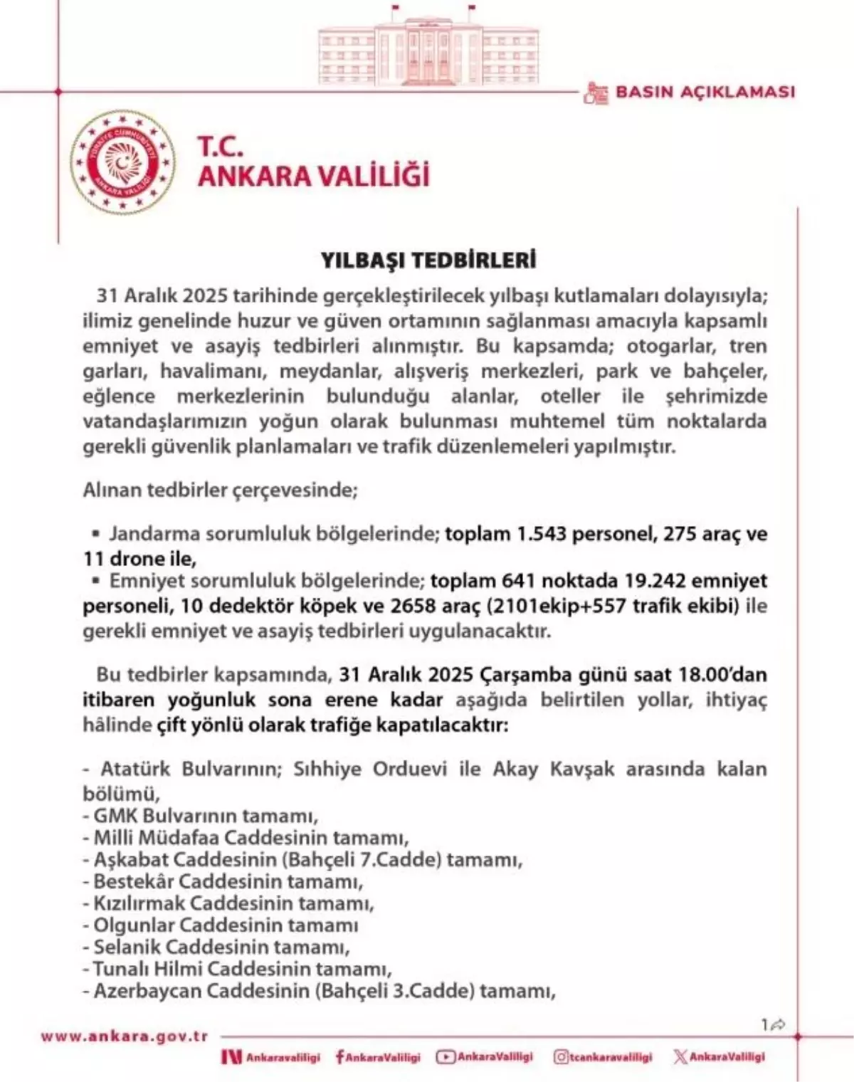Başkentte yılbaşı tedbirleri: 19 bin 242 emniyet personeli görev alacak