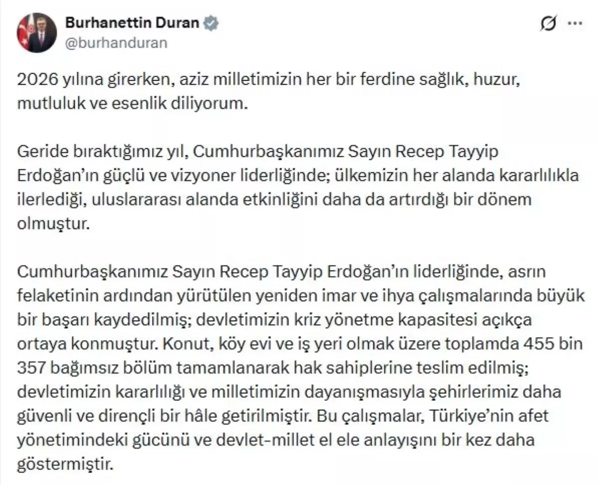 İletişim Başkanı Duran: 2026 yılında güven ve istikrar iklimini güçlendireceğiz