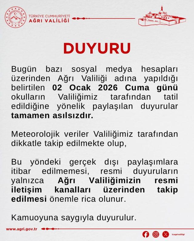 Ağrı okullar tatil mi, 2 Ocak Cuma yarın Konya Ağrı'da okul yok mu (AĞRI VALİLİĞİ - KAR TATİLİ)?
