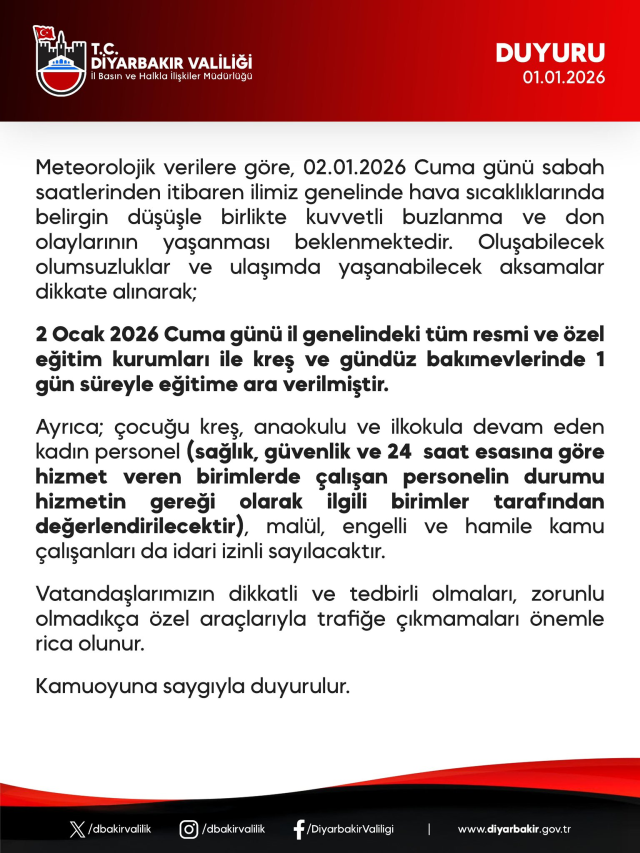 Diyarbakır okullar tatil mi, 2 Ocak Cuma yarın Diyarbakır'da okul yok mu (DİYARBAKIR VALİLİĞİ - KAR TATİLİ)?