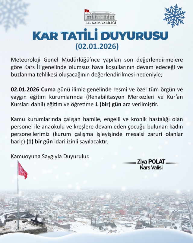 Kars okullar tatil mi, 2 Ocak Cuma yarın Kars'ta okul yok mu (KARS VALİLİĞİ- KAR TATİLİ)?