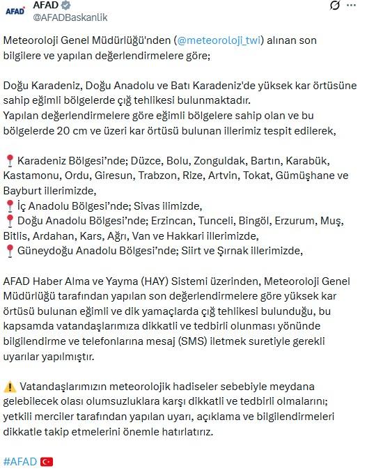 AFAD, bazı iller için çığ uyarısında bulundu