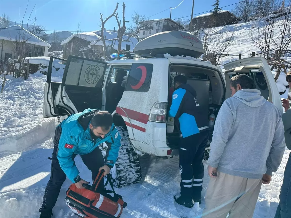 Bingöl'de yolu kardan kapanan köydeki 100 yaşındaki hasta paletli ambulansla hastaneye ulaştırıldı