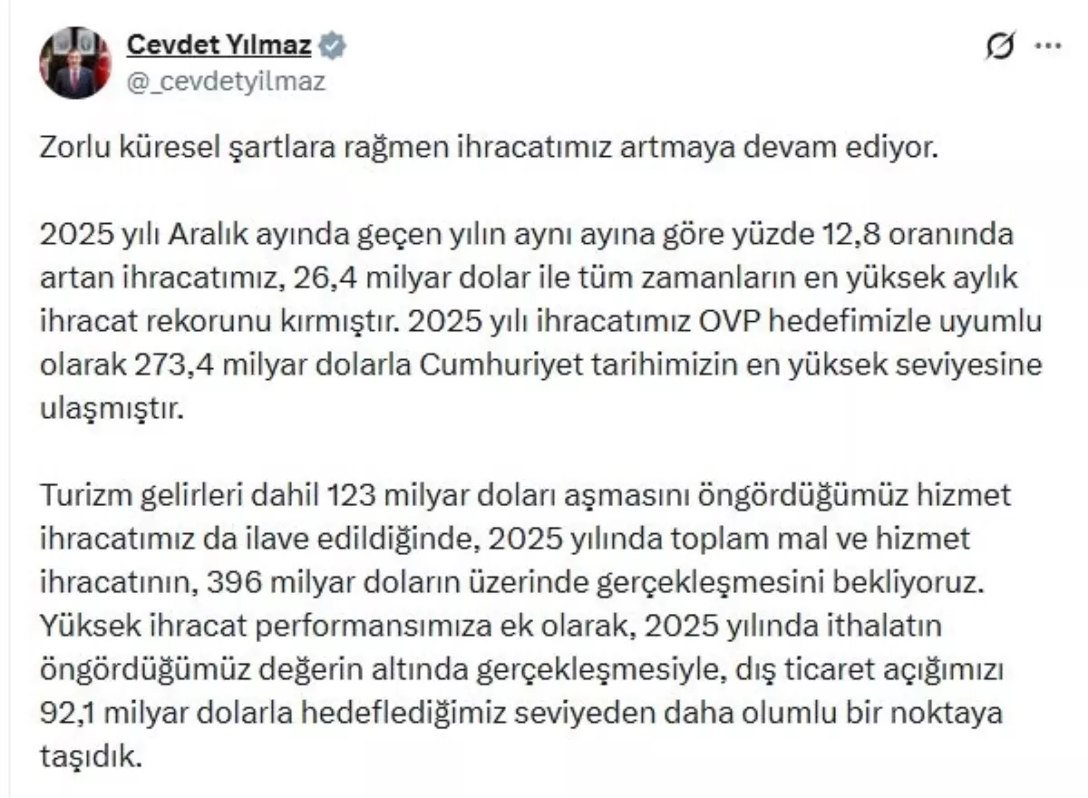 Cevdet Yılmaz: Mal ve hizmet ihracatında 410 milyar doları aşmayı hedefliyoruz