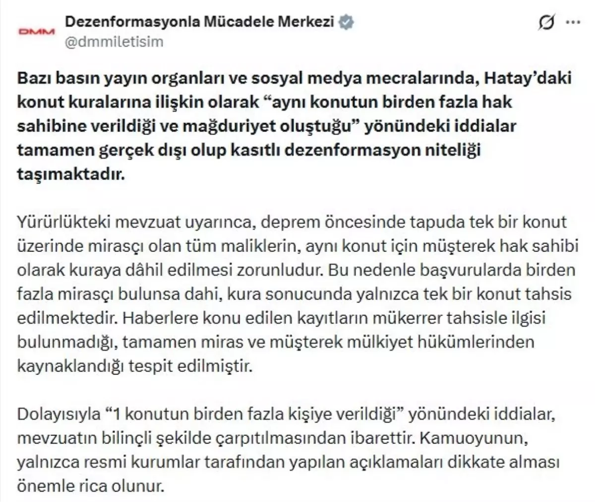DMM'den Hatay'daki konut kuralarına ilişkin açıklama