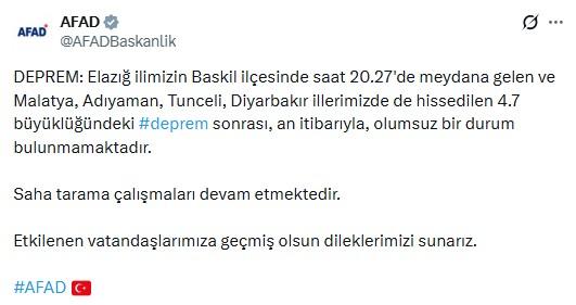 Elazığ'da 4.7 büyüklüğünde deprem