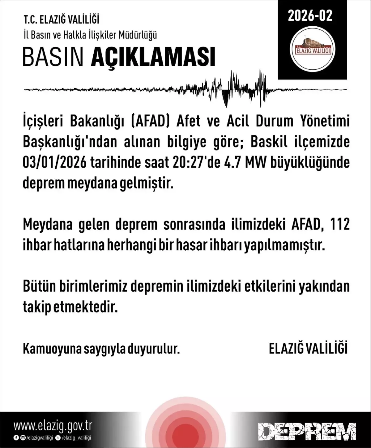 Elazığ'da 4.7 büyüklüğünde deprem