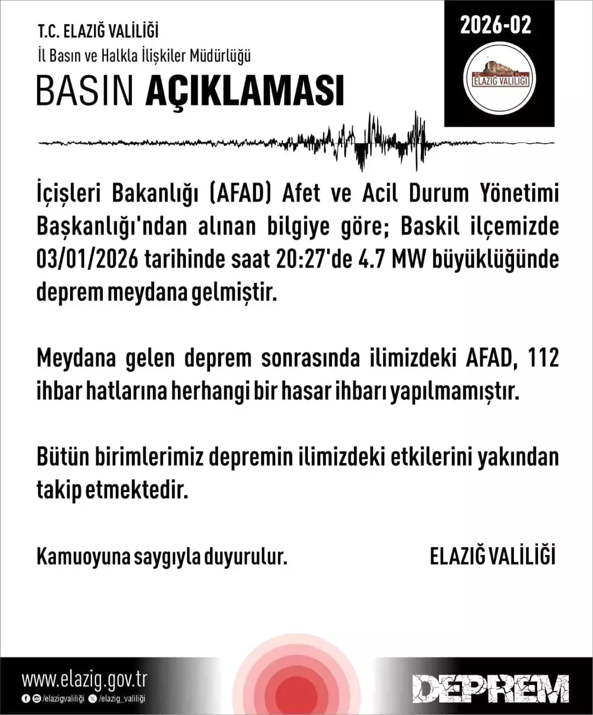 Elazığ Valiliği: "Herhangi bir hasar ihbarı yapılmamıştır"