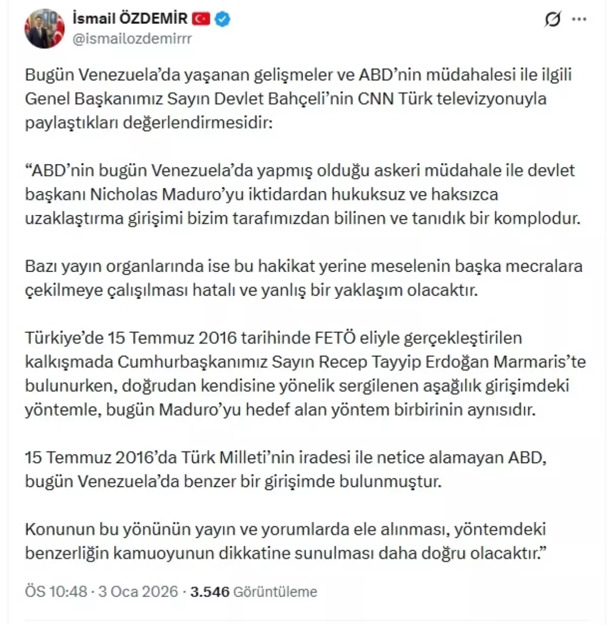 MHP'li Özdemir, Bahçeli'nin Venezuela'da gelişmelere ilişkin değerlendirmelerini paylaştı