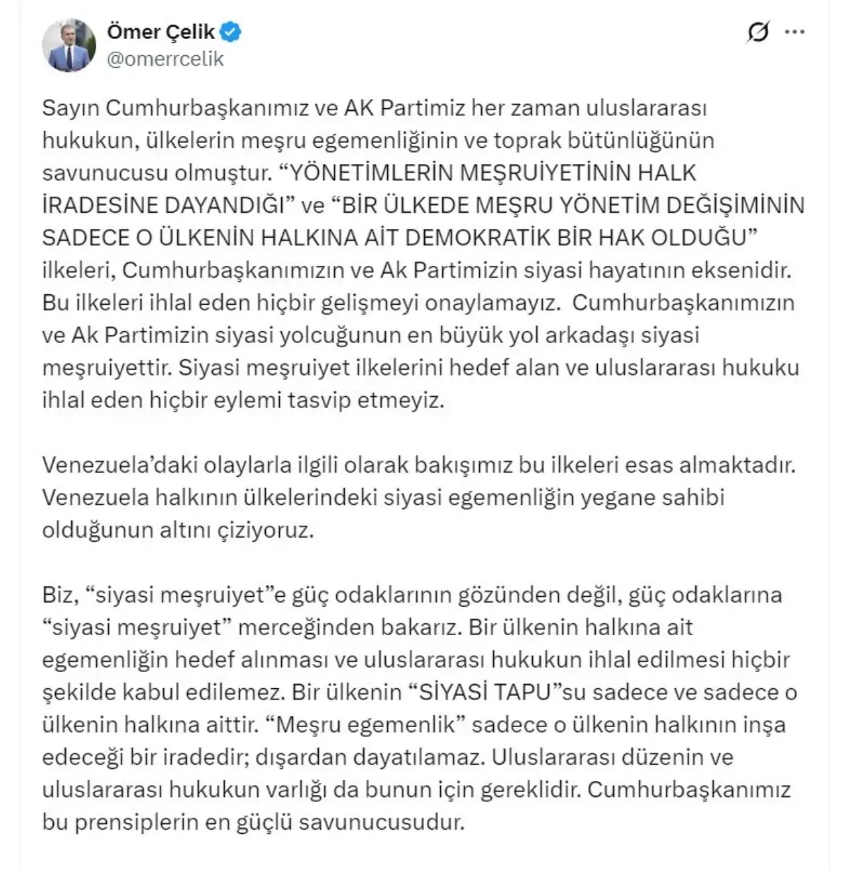 Ömer Çelik: Siyasi Meşruiyet İlkelerine Taviz Vermeyeceğiz