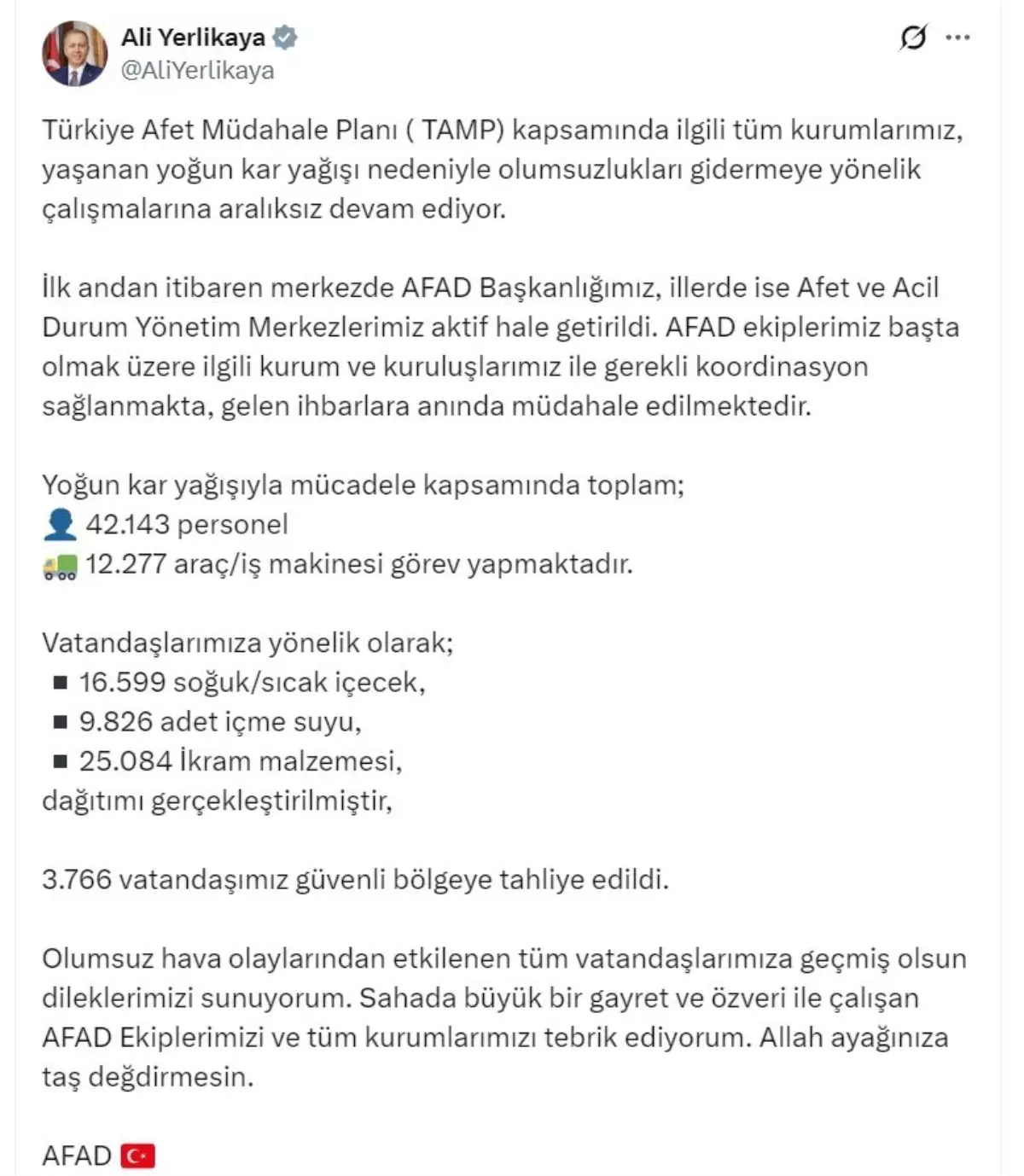 Bakan Yerlikaya: Yoğun kar nedeniyle 3 bin 766 kişi güvenli bölgeye tahliye edildi