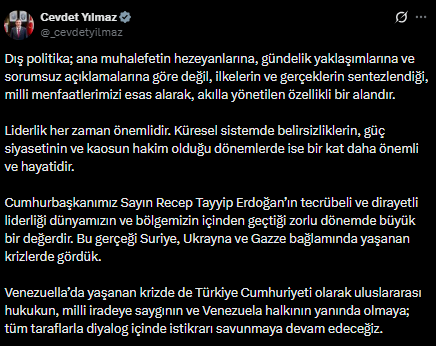 Statement from Vice President Yılmaz regarding the U.S. intervention in Venezuela