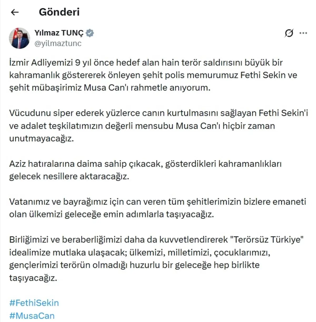Bakan Tunç, şehitler Fethi Sekin ve Musa Can'ı andı