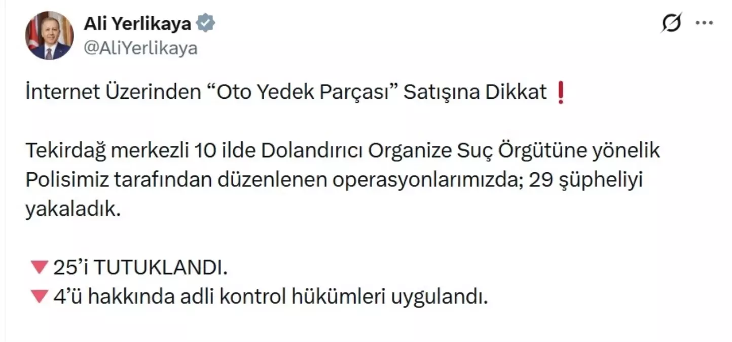 Tekirdağ merkezli 10 ilde dolandırıcılık operasyonu: 25 tutuklama