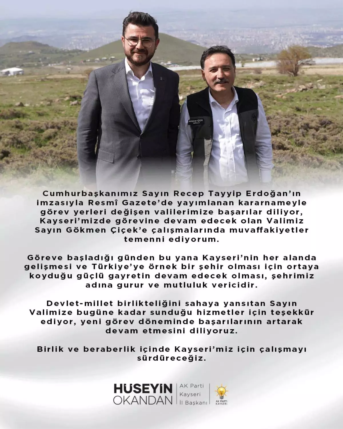 Başkan Okandan: "Birlik ve beraberlik içinde Kayseri'miz için çalışmayı sürdüreceğiz"