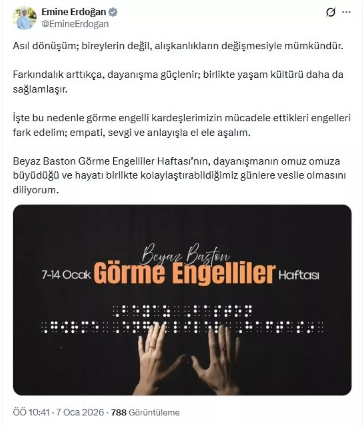 Emine Erdoğan'dan Görme Engelliler Haftası Paylaşımı