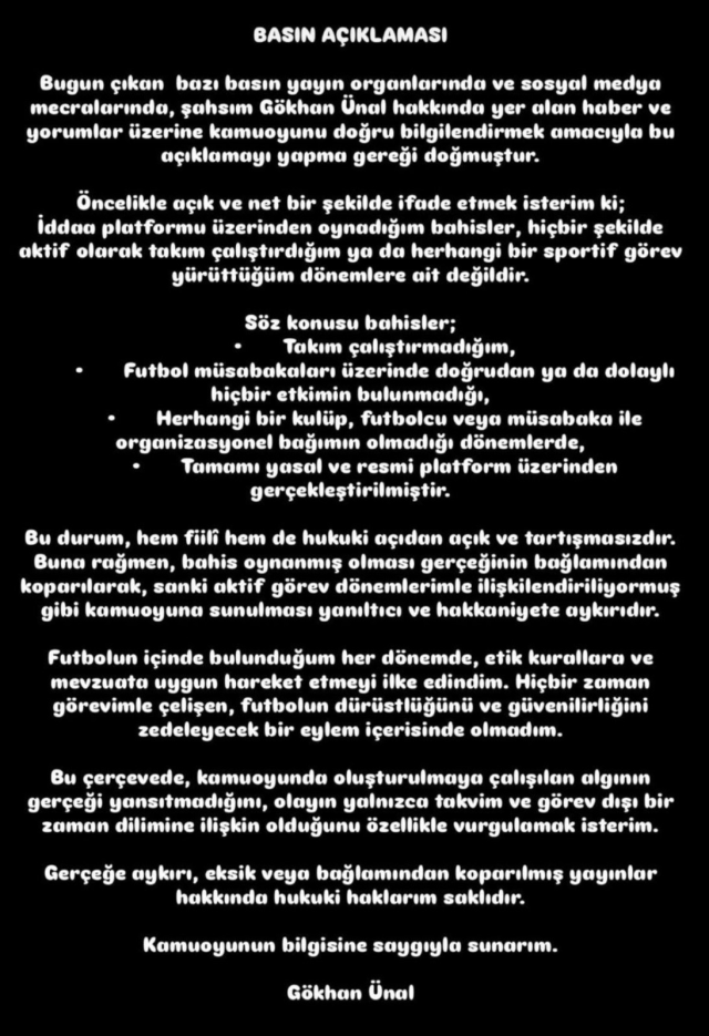 Statement from Gökhan Ünal referred to PFDK: I placed bets but...