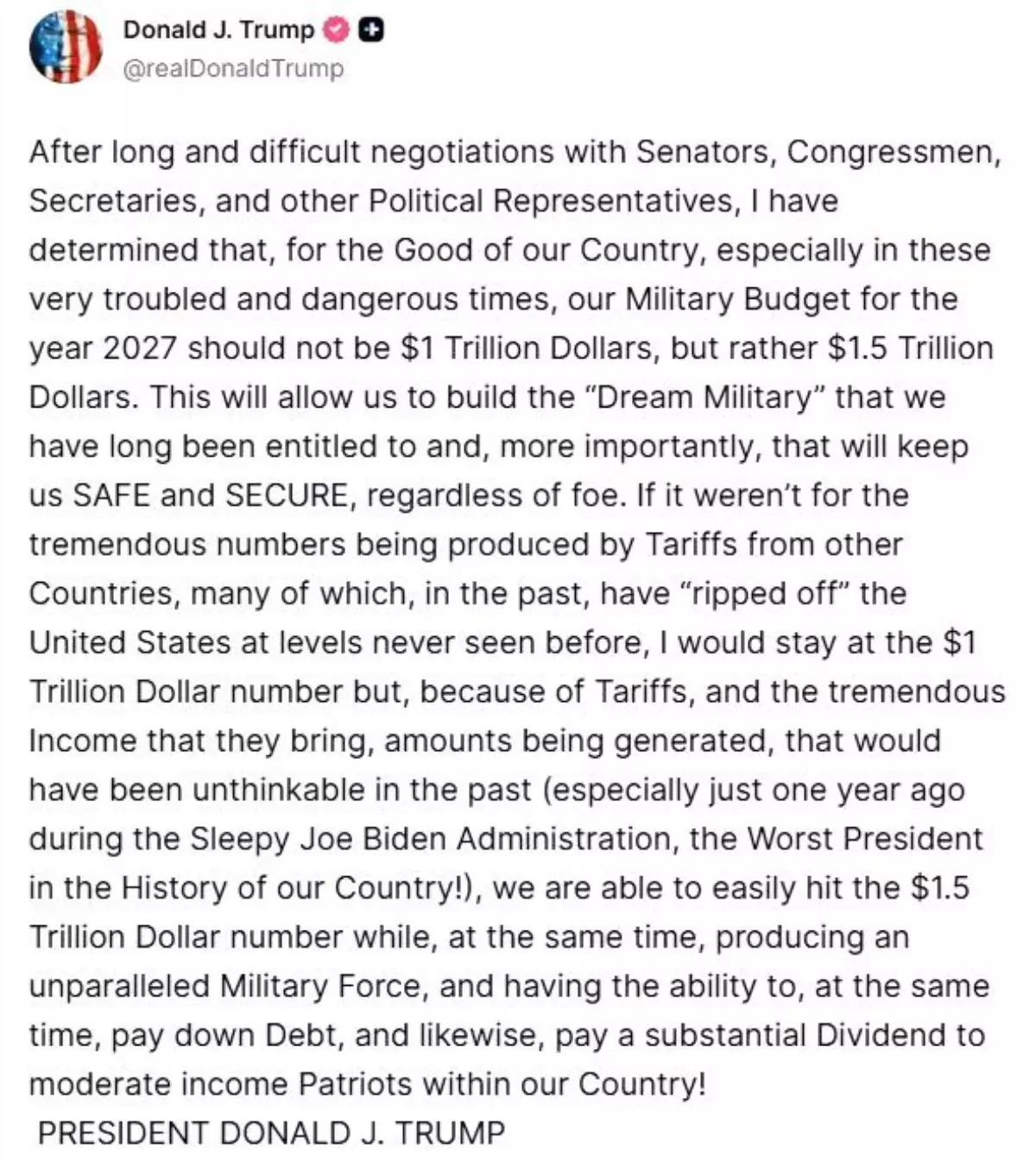 ABD Başkanı Trump: "2027 savunma bütçemizin 1 buçuk trilyon dolar olması gerektiğine karar verdim"