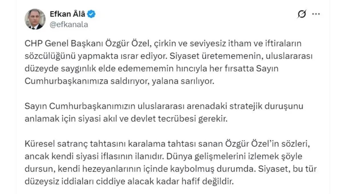 AK Parti'li Ala: Özgür Özel'in sözleri, kendi siyasi iflasının ilanıdır