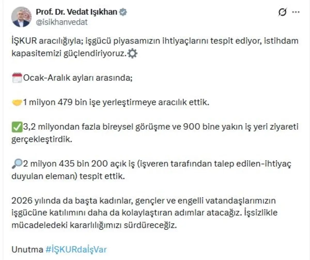 Bakan Işıkhan: 2025'te 1,4 milyon işe yerleştirmeye aracılık ettik