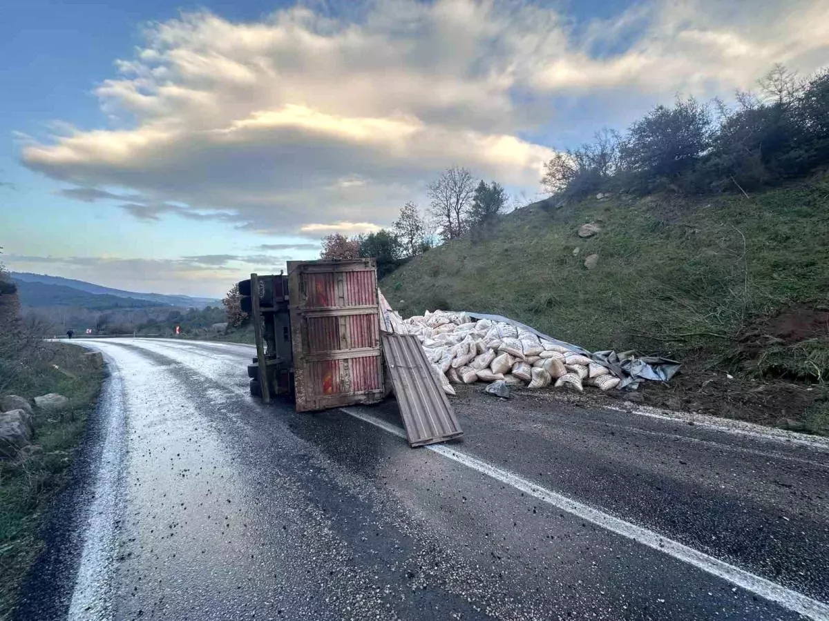 Gönen-Denizkent yolunda kamyon devrildi