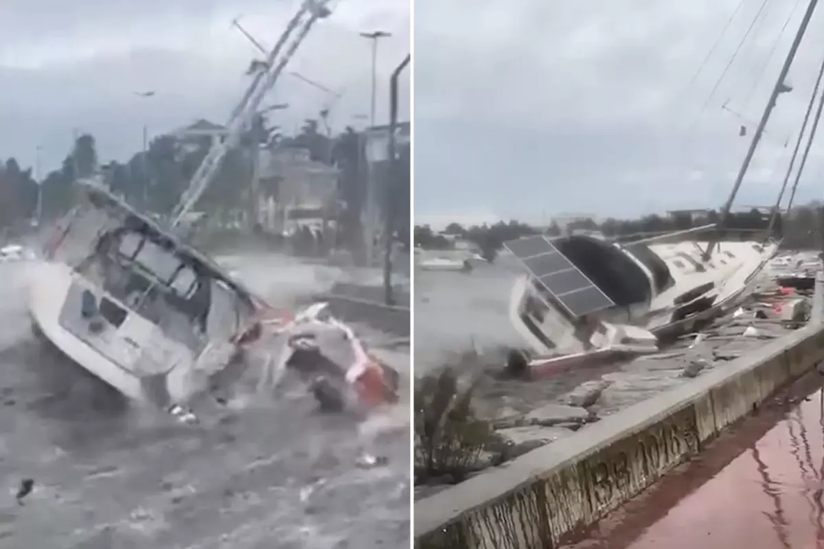İstanbul'u fırtına vurdu! Dev dalgalar tekneyi oyuncak gibi savurdu
