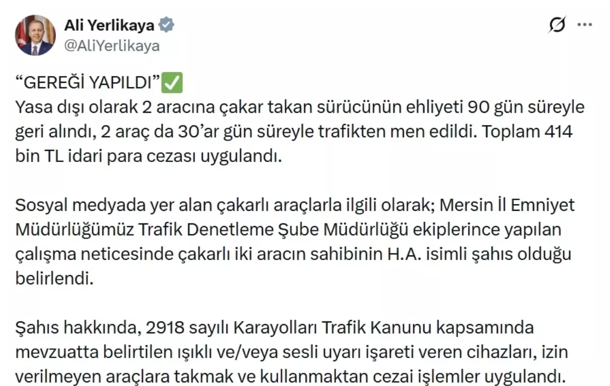 Mersin'de yasa dışı çakar kullanan sürücüye 414 bin TL ceza