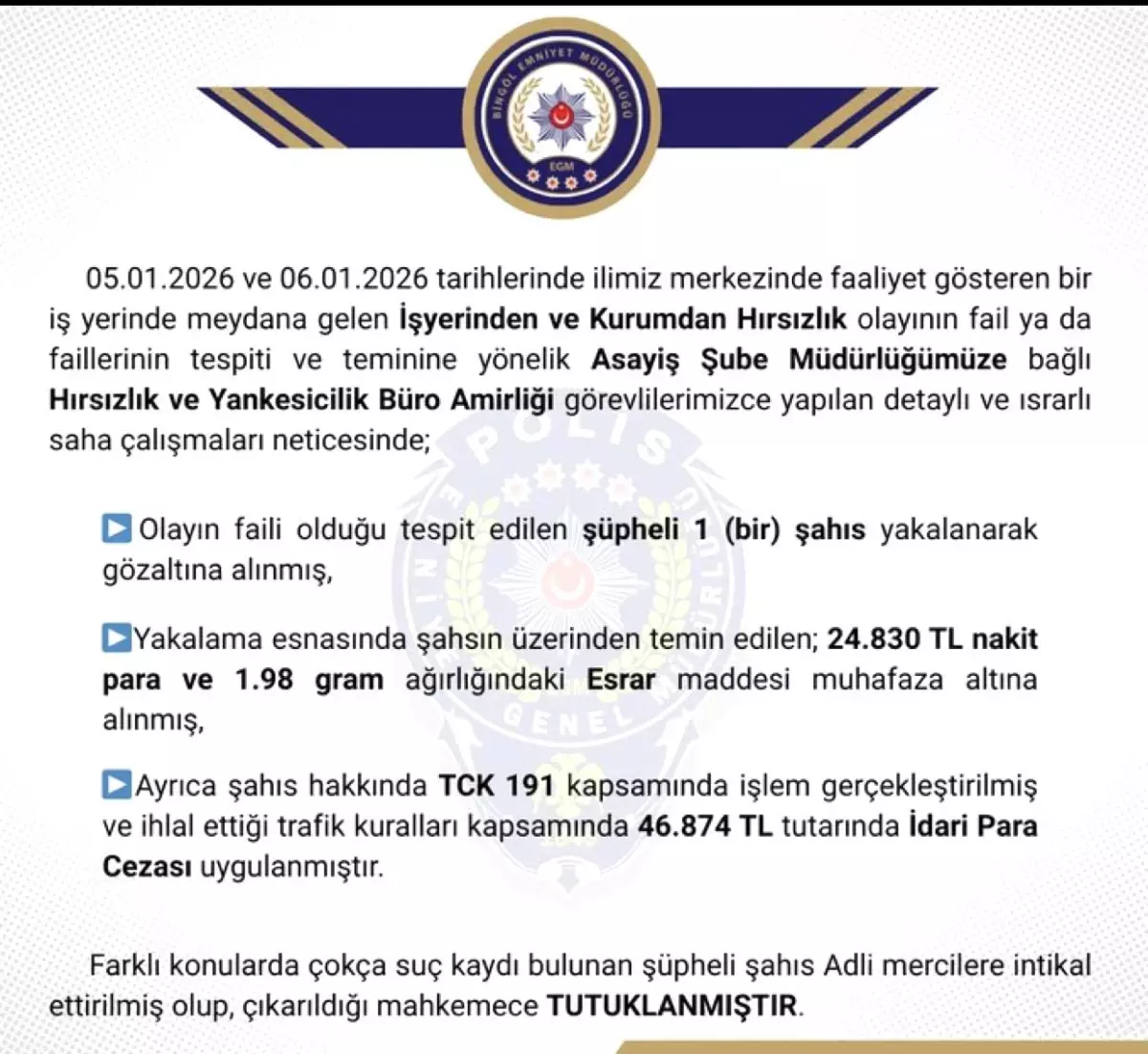 Bingöl'de hırsızlık yapan şüpheli tutuklandı