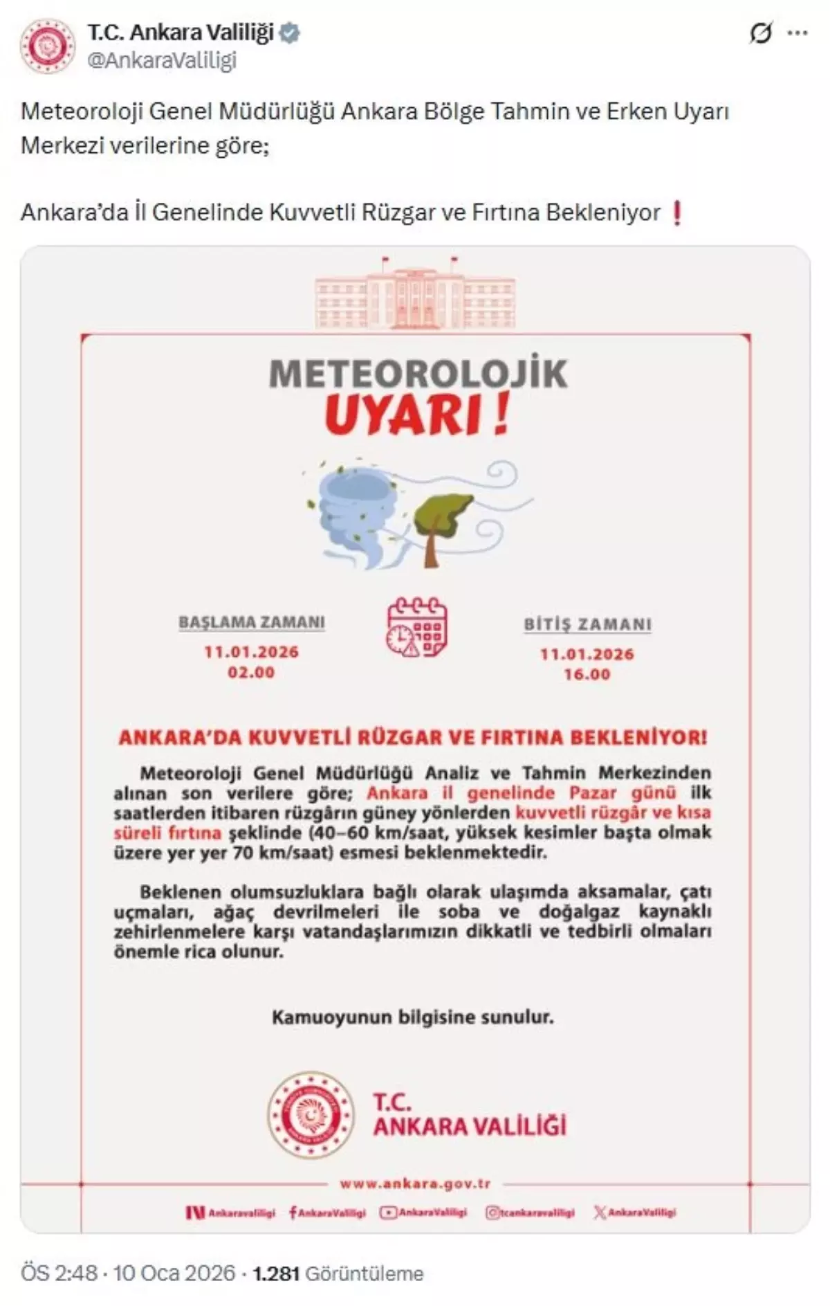 Ankara Valiliği'nden kuvvetli rüzgar ve fırtına uyarısı