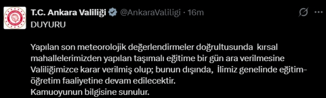 Ankara okullar tatil mi, 12 Ocak Pazartesi Ankara'da okul yok mu (ANKARA VALİLİĞİ - KAR TATİLİ)?