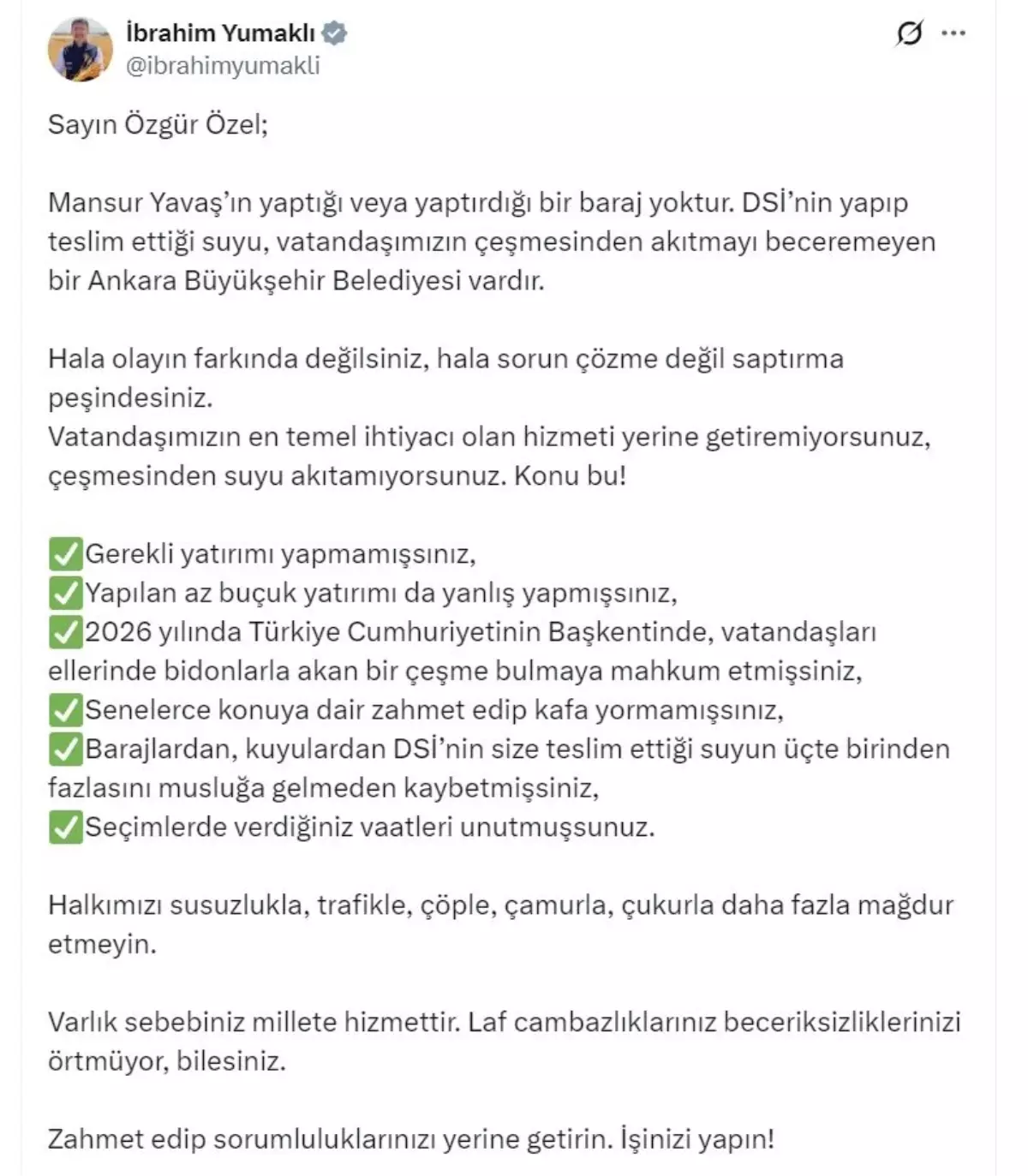 Bakan Yumaklı'dan Özgür Özel'e sert tepki: 'Halkımızı daha fazla mağdur etmeyin'