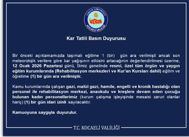 Kocaeli okullar tatil mi, 12 Ocak Pazartesi Kocaeli'de okul yok mu (KOCAELİ VALİLİĞİ)? Kocaeli okullar tatil mi, 12 Ocak Pazartesi Kocaeli'de okul yok mu (KOCAELİ VALİLİĞİ)?