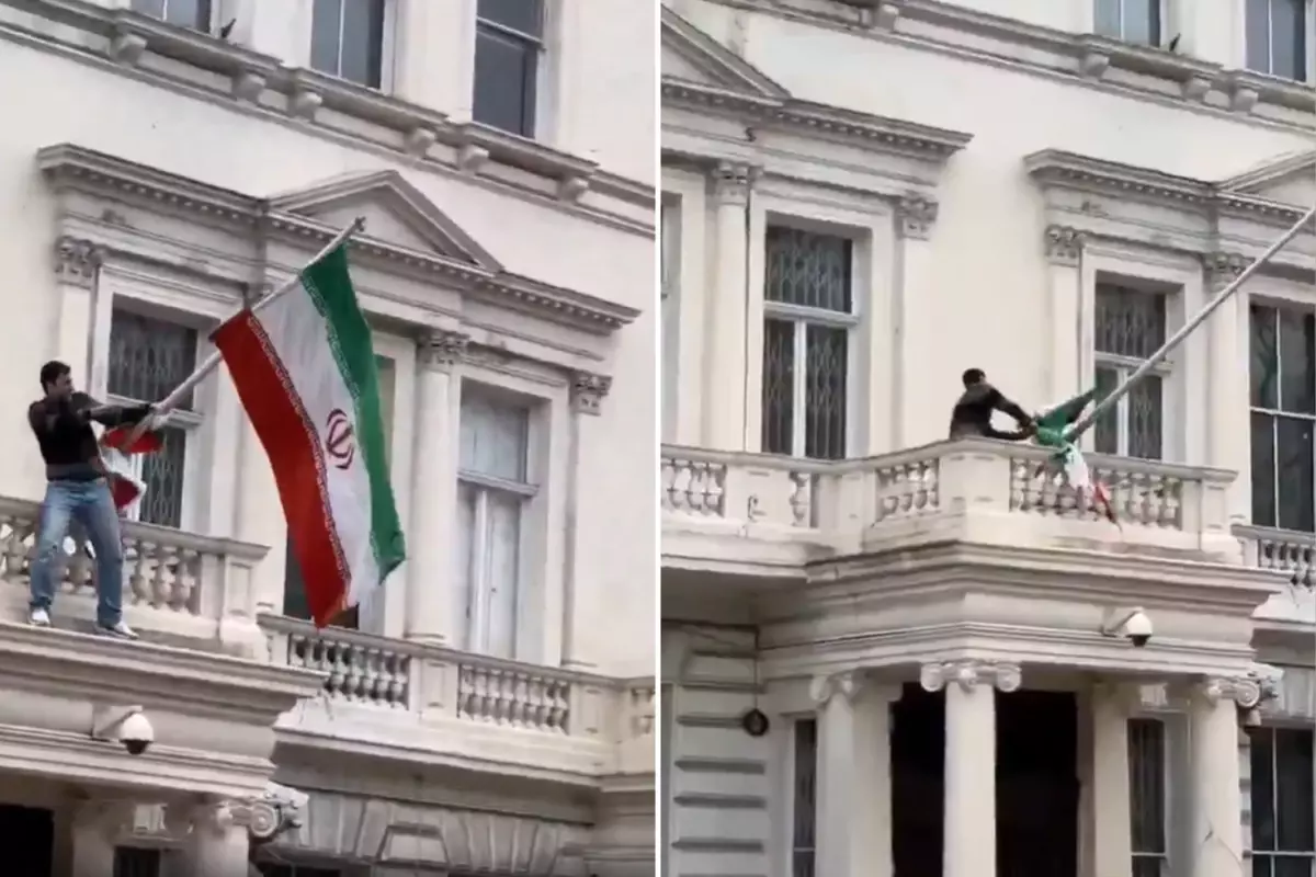 Londra'daki İran Büyükelçiliği'ne tırmanan protestocu devrim öncesi İran bayrağını astı