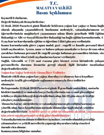 Malatya okullar tatil mi, 12 Ocak Pazartesi Malatya'da okul yok mu (MALATYA VALİLİĞİ - KAR TATİLİ)? Malatya okullar tatil mi, 12 Ocak Pazartesi Malatya'da okul yok mu (MALATYA VALİLİĞİ - KAR TATİLİ)?