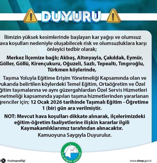 Sinop okullar tatil mi, 12 Ocak Pazartesi Sinop'ta okul yok mu (SİNOP VALİLİĞİ)? Sinop okullar tatil mi, 12 Ocak Pazartesi Sinop'ta okul yok mu (SİNOP VALİLİĞİ)?