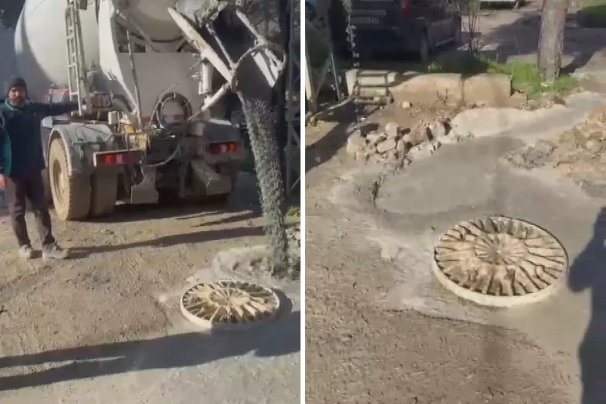 Vatandaşın tepkisine aldırış etmedi, kanalizasyona beton döktü