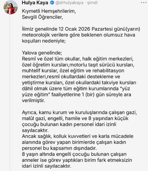 Yalova okullar tatil mi, 12 Ocak Pazartesi Yalova'da yarın okul yok mu (YALOVA VALİLİĞİ - KAR TATİLİ)? Yalova okullar tatil mi, 12 Ocak Pazartesi Yalova'da yarın okul yok mu (YALOVA VALİLİĞİ - KAR TATİLİ)?