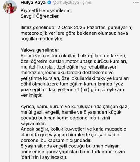 Yalova okullar tatil mi, 12 Ocak Pazartesi Yalova'da okul yok mu (YALOVA VALİLİĞİ - KAR TATİLİ)?