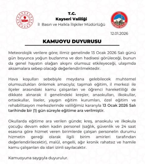 Kayseri okullar tatil mi, 13 Ocak Salı Kayseri'de okul yok mu (KAYSERİ VALİLİĞİ - KAR TATİLİ)? Kayseri okullar tatil mi, 13 Ocak Salı Kayseri'de okul yok mu (KAYSERİ VALİLİĞİ - KAR TATİLİ)?